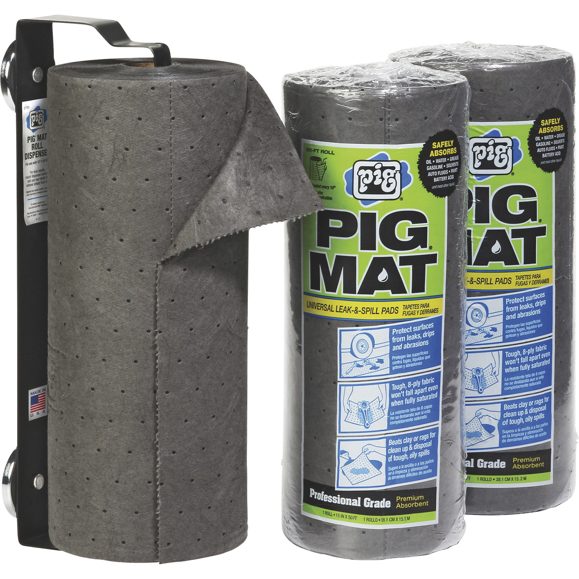 New Pig Lightweight Absorbent Roll/Magnetic Roll Holder Combo, Includes three 15in. x 50ft. Rolls, Model# 57703
